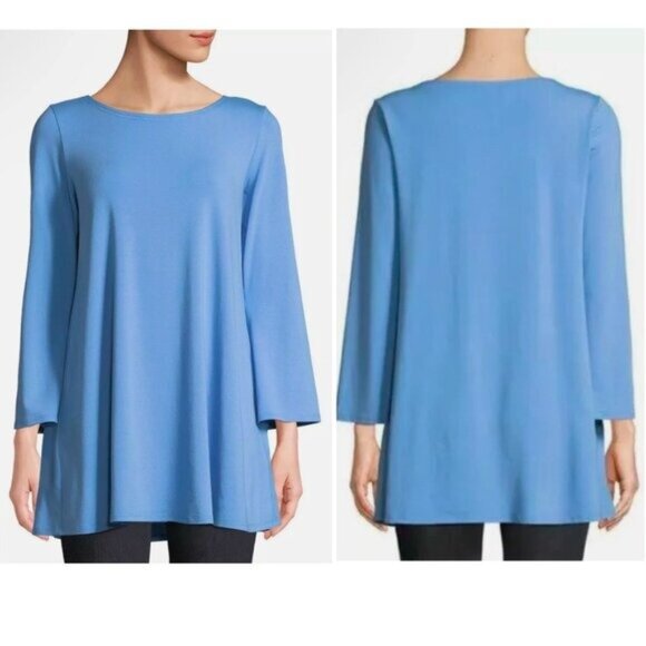 Eileen Fisher Wide-Sleeve Ballet-Neck Viscose Jersey Tunic in Bluebird - PM - Picture 1 of 6